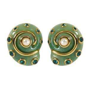 Kenneth Jay Lane Snail Shell Clip On Earrings Green Resin with Emerald 