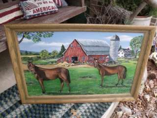 Original Vintage Americana Folk Art Painting Horses Barn Farm Weinperl 