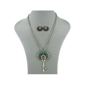 True Unique Peacock Key with Blue Feathers Necklace and Earrings Set 