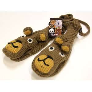 Brown Teddy Bear Hand Knit Original Lungta Animal Mittens Fleece Lined 