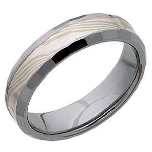 Beveled 6mm Tungsten Wedding Band with Flat Facets and White Mokume 