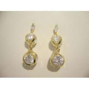  Hanging Style Earrings ith Double CZ Stones in Yellow Gold 