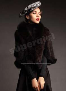   Genuine Knitted Mink Fur Cape Fox Collar Coat Outwear Clothing Stole