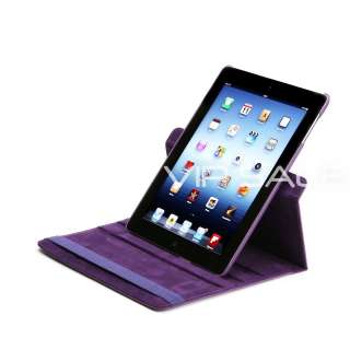 APPLE IPAD 3 PURPLE LEATHER CASE WITH 360 ROTATING STAND + SCREEN 