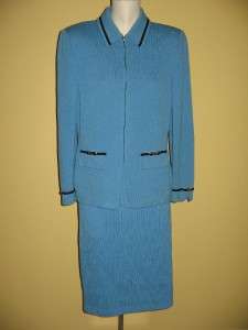 St. John Collection Santana Knit Aqua Blue Top Jacket Skirt Suit 