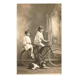  Two Girls with Bicycle and Dog Premium Poster Print, 12x18 
