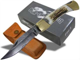   Damascus Blade Folding Stag Handle Lockback Knife w Leather Sheath