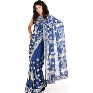 Bijou Blue Sari with Embroidered Paisley, Flowers and Sequins All Over 