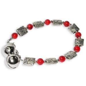 Inch Silver Double Small Bell Red Coral Bead Link Bracelet Chain 