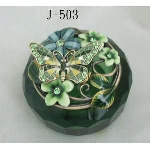  Emerald Glass Jewelry Trinket Box W Mosaic Butterfly and 