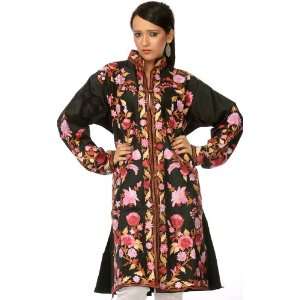 Black Long Silk Jacket with Embroidered Flowers All Over   Pure Matka 