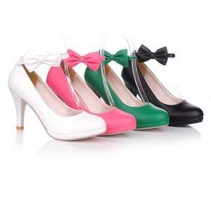 Womens Comfortable Strappy Pumps PU Leather Cute Bow Platform Shoes 