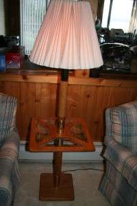 WOOD POLE LAMP WITH TABLE BASE GLASS & BRASS 17X17 SQUARE TOP VERY 