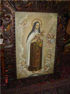 ANTIQUE HUGE St. Theresa RELIGIOUS VIRGIN OIL PAINTING  