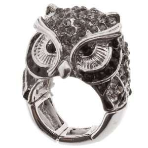  Silver tone stretch band ring with owl design and crystal 