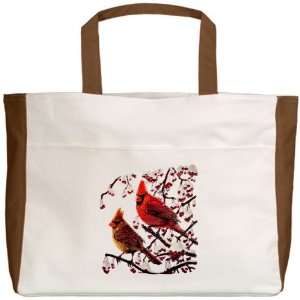  Beach Tote Mocha Christmas Cardinals Snowy Red Berry 