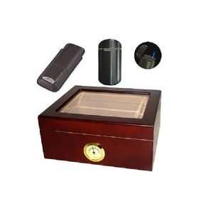 Glass top cigar humidor, Torch lighter   Gun Metal, Leather Case with 