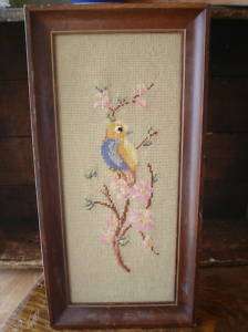 Framed Vintage Needlepoint Cherry Blossoms Baby Bird  