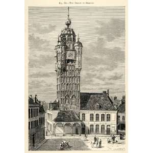  1882 Wood Engraving Nord Bergues France Belfry Bell Tower 