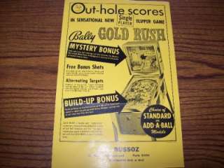 1966 BALLY GOLD RUSH PINBALL MACHINE FLYER BROCHURE  