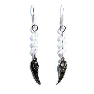    Clear Crystal and Tiny Silver Angel Wings Earrings Jewelry