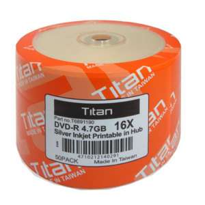 100 Titan Brand 16X Silver Inkjet HUB Printable DVD R DVDR Disc 4.7GB 
