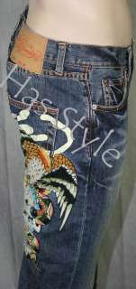Ed Hardy Mens Jeans Embroidered Eagle Strikes BATTLE  