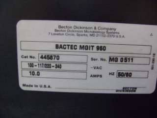 BD BECTON DICKINSON BACTEC MGIT 960 MYCOBACTERIA BACTERIA TESTING 