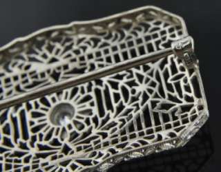   14K White Gold Diamond Art Deco Lace Filigree Bar Pin Brooch  