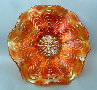 PEACOCK TAIL by FENTON ~ MARIGOLD 6 INCH 6 RUFFLE CARNIVAL GLASS SAUCE 