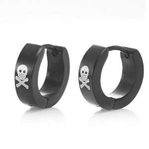 Masculine Black Stainless Steel Pirates Skull Mens Hoop Earrings