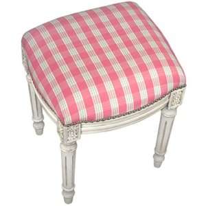   Plaid in Pink Fabric Upholstered Stool in White Wash
