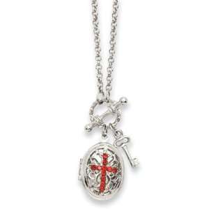  Silver Tone Red Crystal Cross Locket 24 Necklace 1928 