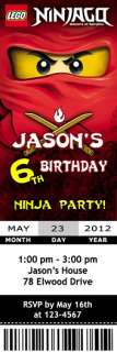 Custom Ninjago Ninja Lego Birthday Party Ticket Invitations  