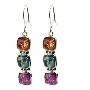  Blue, Red, Purple Amber and Sterling Silver Square on Sale 