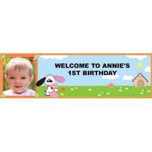 Playful Puppy Pink 1st Birthday Personalized Photo Banner Medium 24 x 