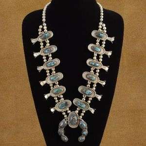   Navajo Pawn Sterling Silver BISBEE TURQUOISE Squash Blossom Necklace