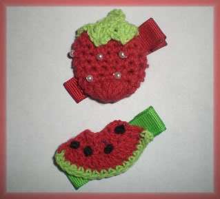 Sweet Crochet WATERMELON & STRAWBERRY Hair Bow Clip Set  