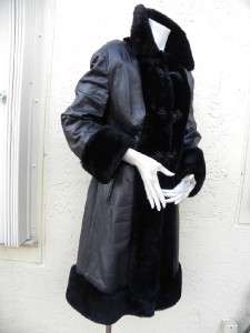 GORGEOUS BLACK LEATHER RUSSIAN PRINCESS COAT W/SHEARLING TRIM MADE IN 
