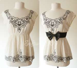 NEW Forever 21 Ivory/Black Embroidery Trim Blouse Top ★  