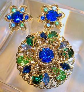 Vintage Blue & Green Rhinestone Brooch & Clip Earring Set  