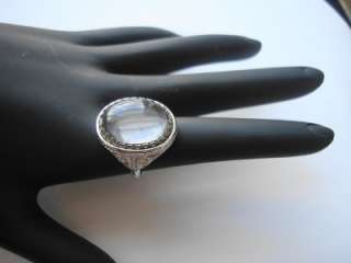 VINTAGE SILVERTONE RING CLEAR MOONSTONE CAB FANCY PRONG SET SIZE 8 