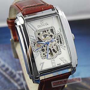 Mens Square Dial Brown Leather Band Skeleton Automatic Mechanical 
