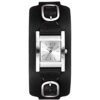GUESS BLACK LEATHER CUFF WITH SILVER DIAL WOMENS WATCH I60397L1 NEW 