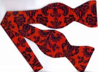 SELF TIE BOW TIE BLACK DAMASK DESIGNS ON RED  