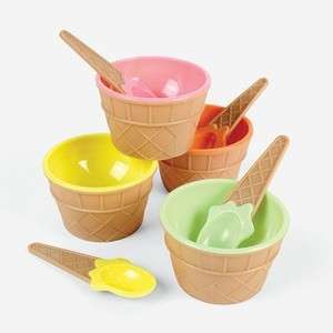 Lot of 12 Ice Cream Cone Dishes & Spoons Plastic Bowls Party Favors 
