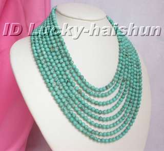 Genuine 8row natural round turquoise bead necklace  