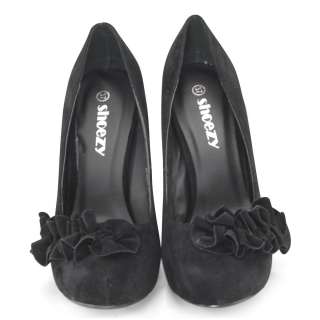 SHOEZY womens black ruched flower suede platform high heels pumps 