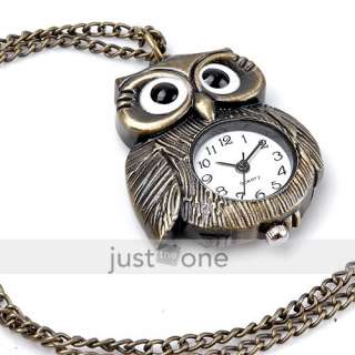 Retro Antique Style Brass Big Eye Owl form Necklace Peandant Quartz 