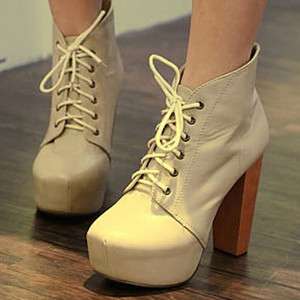 Ladies Retro Real Wood Super High Heels Platform Lace up Ankle Boots 